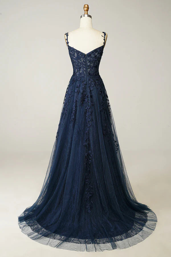 A Line Spaghetti Straps Navy Prom Dress with Appliques Simple gentle atmospheric and unique design ﻿