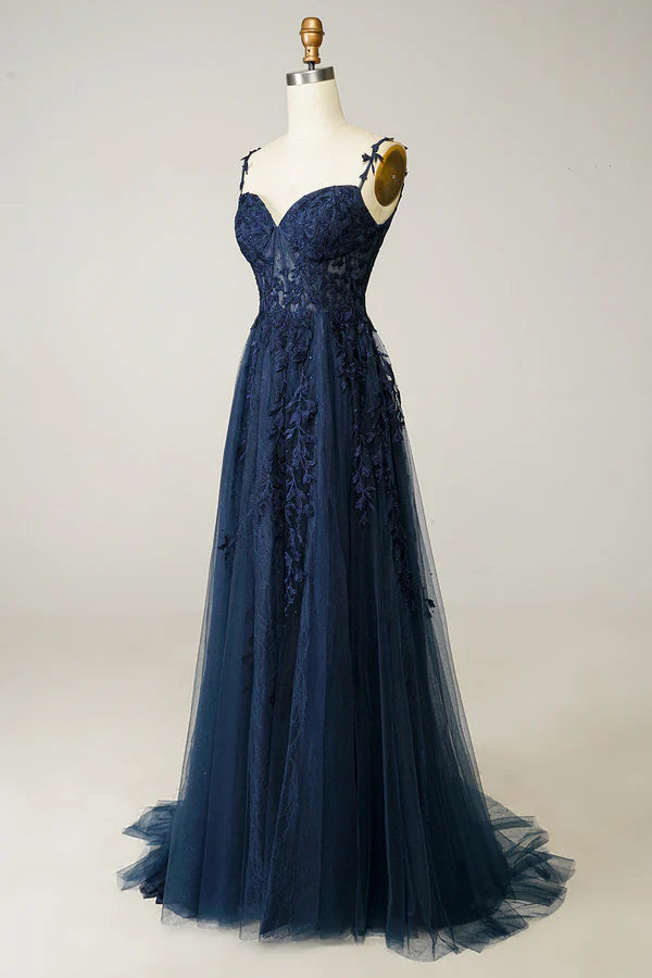 A Line Spaghetti Straps Navy Prom Dress with Appliques Simple gentle atmospheric and unique design ﻿