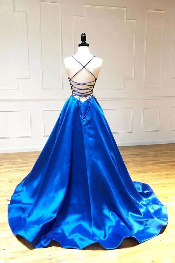 A Line Spaghetti Straps Prom Dress Royal Blue Satin Evening Dress simple gentle atmospheric and unique desi Bring summer colors to enhance whiteness