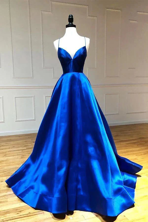 A Line Spaghetti Straps Prom Dress Royal Blue Satin Evening Dress simple gentle atmospheric and unique desi Bring summer colors to enhance whiteness