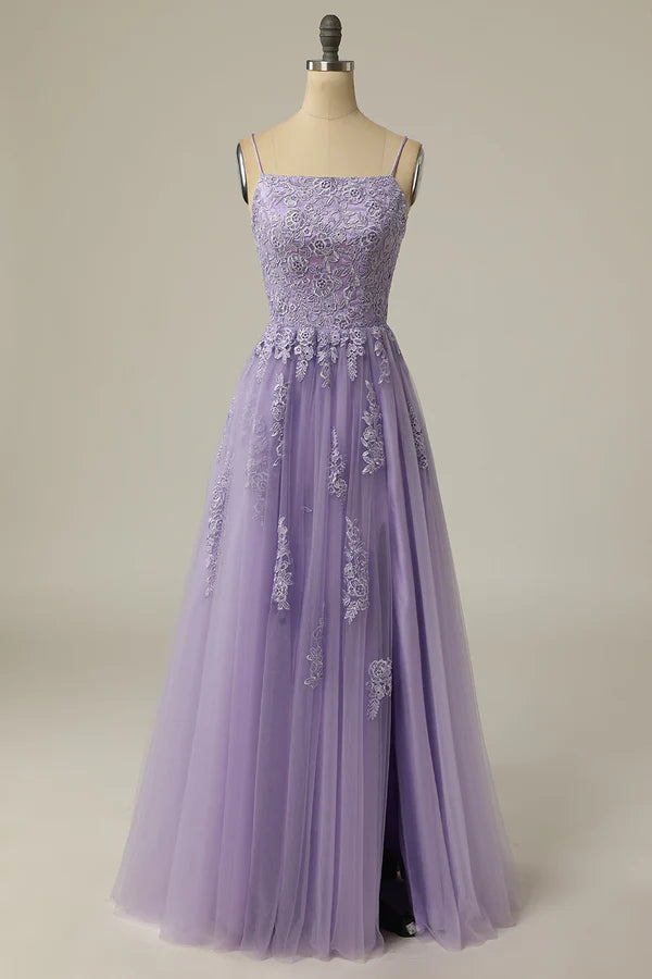 A Line Strapless Light Purple Long Prom Dress with Appliques Simple gentle atmospheric and unique design