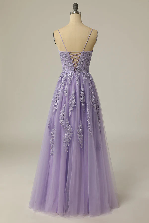 A Line Strapless Light Purple Long Prom Dress with Appliques Simple gentle atmospheric and unique design