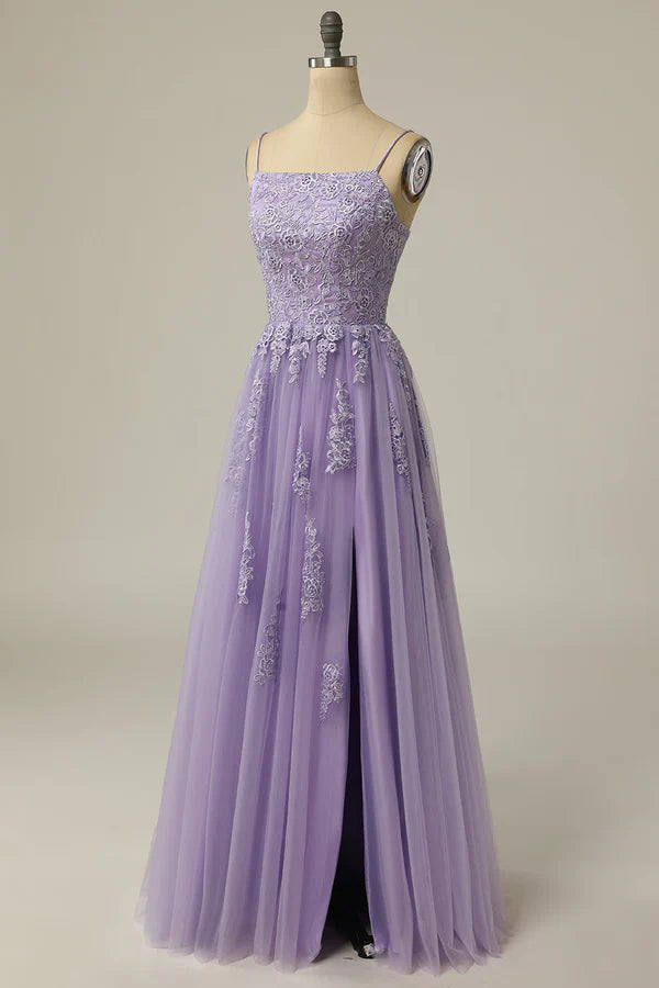 A Line Strapless Light Purple Long Prom Dress with Appliques Simple gentle atmospheric and unique design