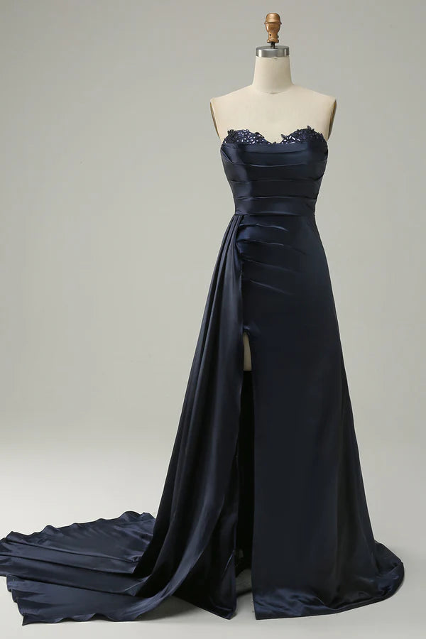 A Line Sweetheart Navy Long Prom Dress with Split Front Simple gentle atmospheric and unique design ﻿