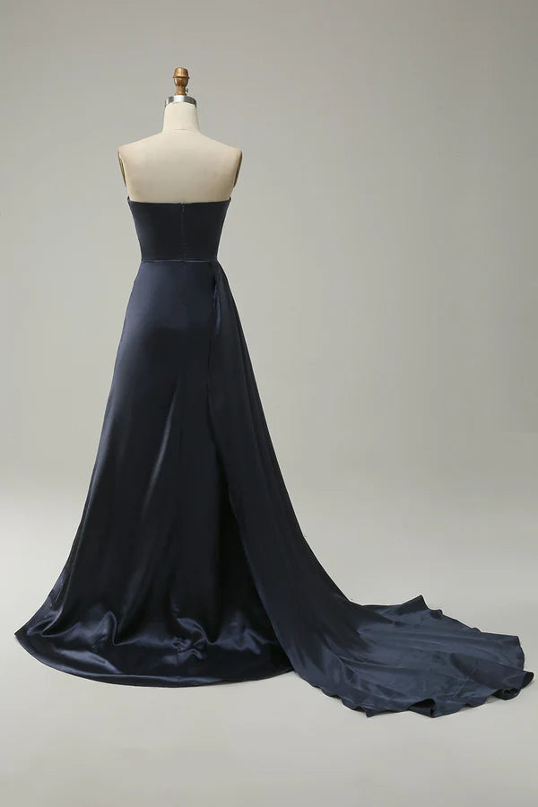 A Line Sweetheart Navy Long Prom Dress with Split Front Simple gentle atmospheric and unique design ﻿