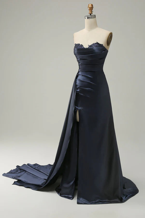 A Line Sweetheart Navy Long Prom Dress with Split Front Simple gentle atmospheric and unique design ﻿
