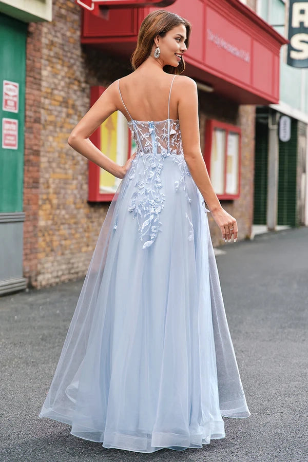 A Line Tulle Spaghetti Straps Corset Applique Blue Prom Dress with Slit simple gentle atmospheric and unique desi Bring summer colors to enhance whiteness