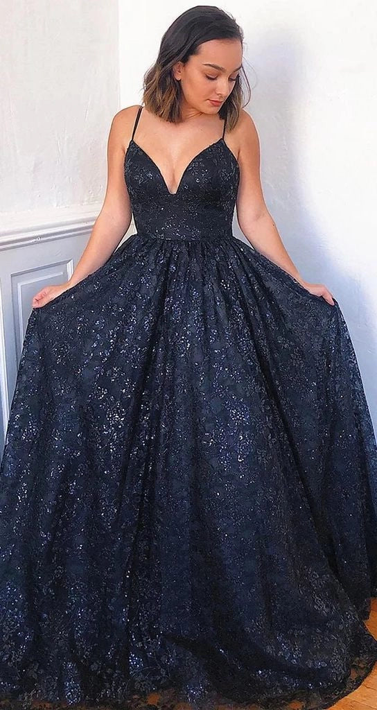 A Line V Neck Dark Navy Long Prom Formal Dresses With Appliques  simple gentle atmospheric and unique desi Bring summer colors to enhance whiteness