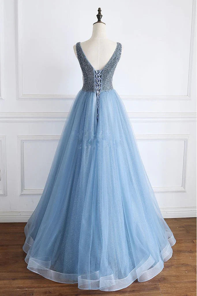A Line V Neck Powder Blue V Back Prom Dress with Beading Evening Dress simple gentle atmospheric and unique desi Bring summer colors to enhance whiteness