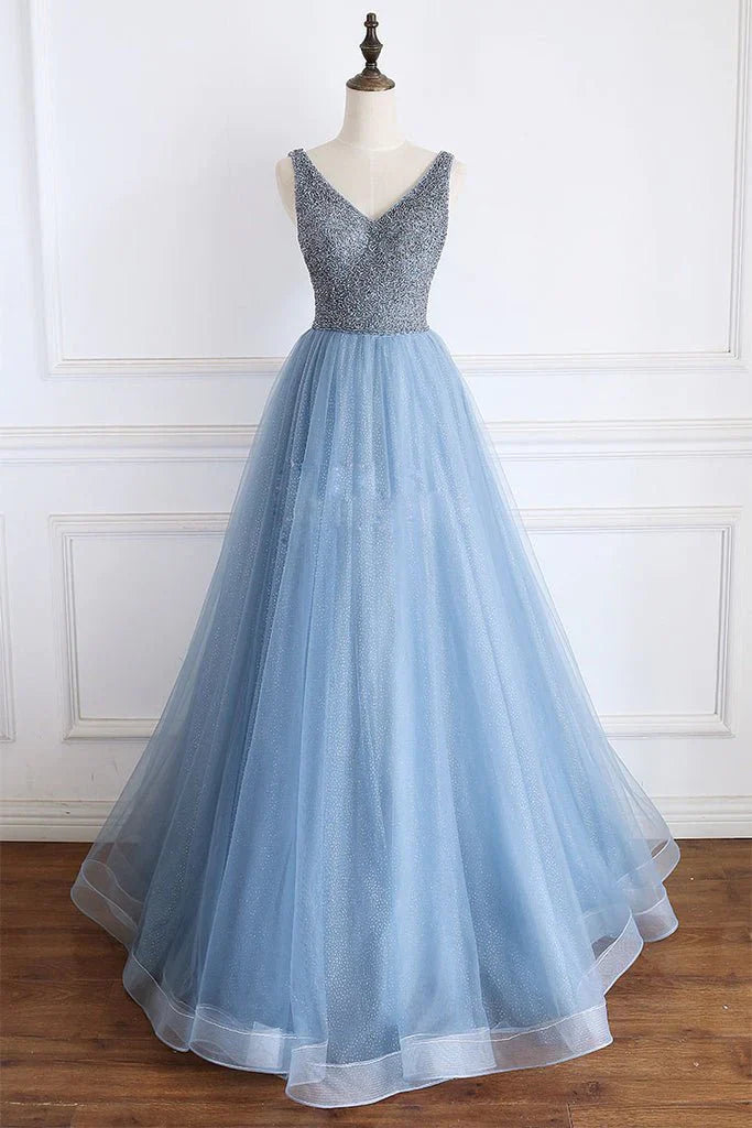 A Line V Neck Powder Blue V Back Prom Dress with Beading Evening Dress simple gentle atmospheric and unique desi Bring summer colors to enhance whiteness