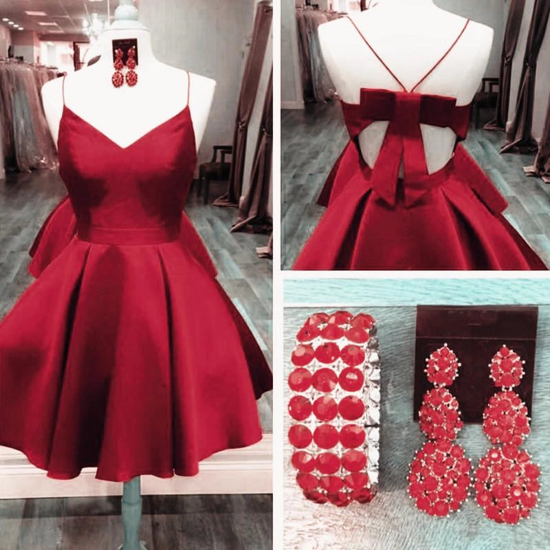 A Line V Neck Satin Prom Dresses Short Bow Back Homecoming Dresses simple gentle atmospheric and unique desi Bring summer colors to enhance whiteness