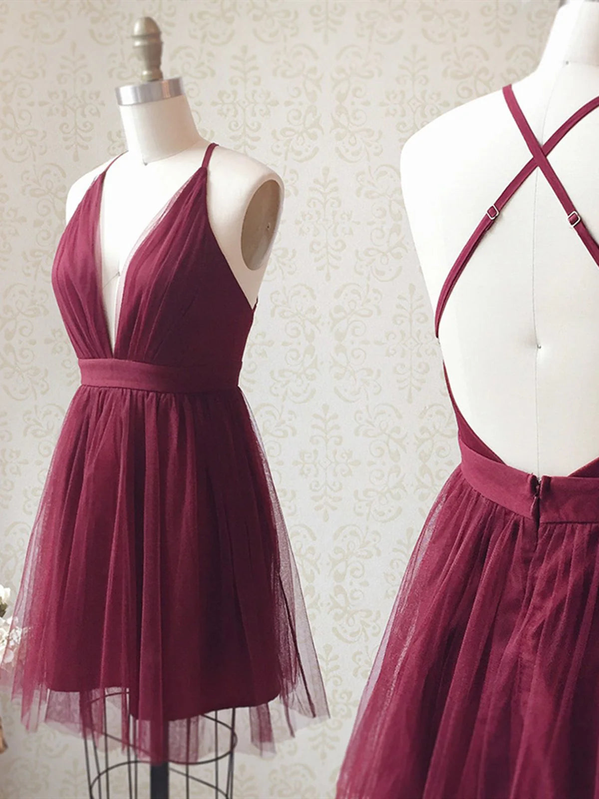 A Line V Neck Short Burgundy Backless Prom Dresses Short Burgundy Backless Formal Homecoming Dresses simple gentle atmospheric and unique desi Bring summer colors to enhance whiteness