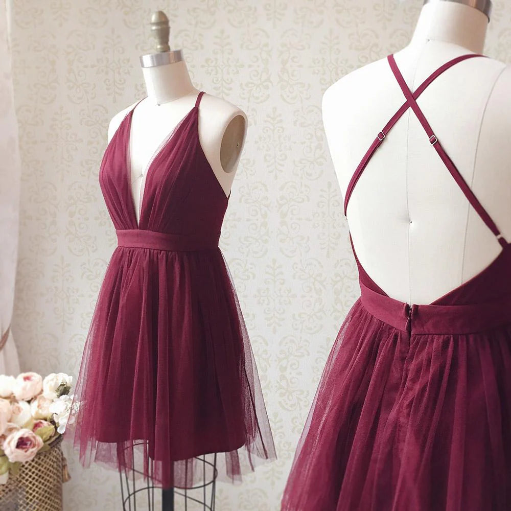 A Line V Neck Short Burgundy Backless Prom Dresses Short Burgundy Backless Formal Homecoming Dresses simple gentle atmospheric and unique desi Bring summer colors to enhance whiteness