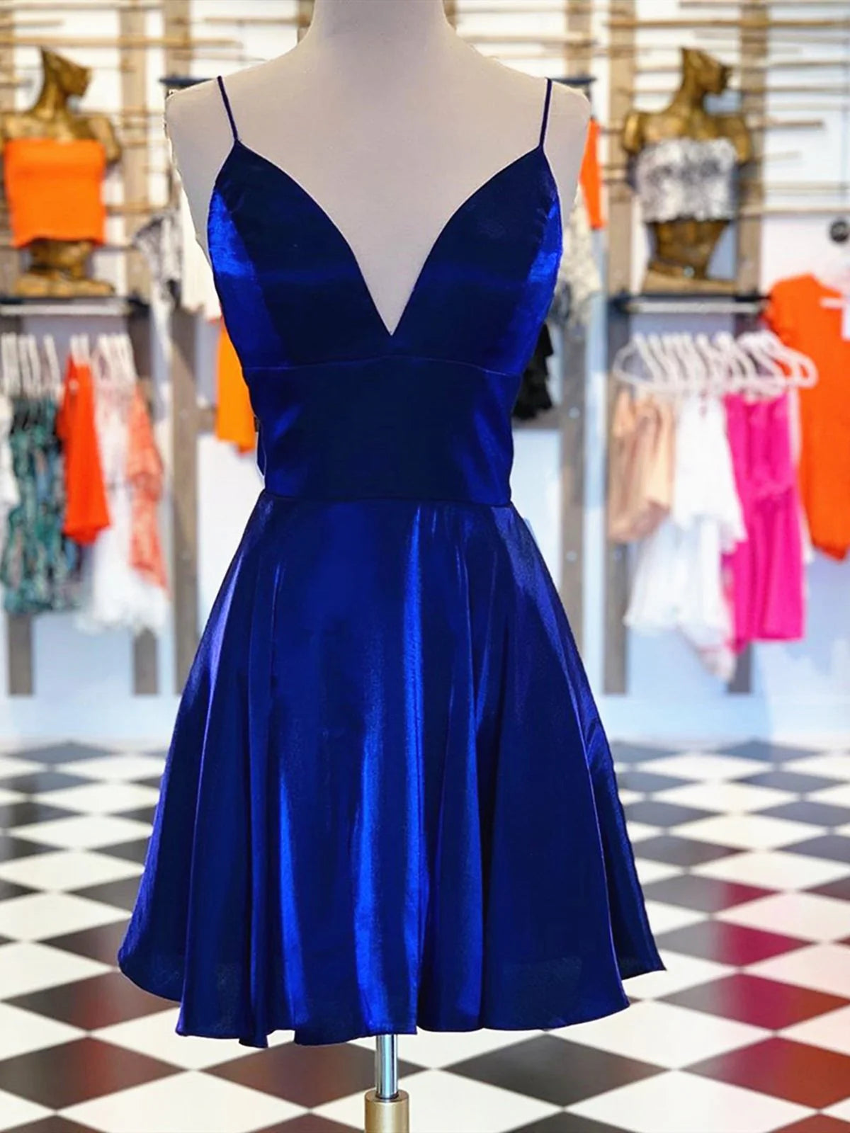 A Line V Neck Short Royal Blue Prom Dresses, Short Royal Blue Formal Homecoming Dresses simple gentle atmospheric and unique desi Bring summer colors to enhance whiteness