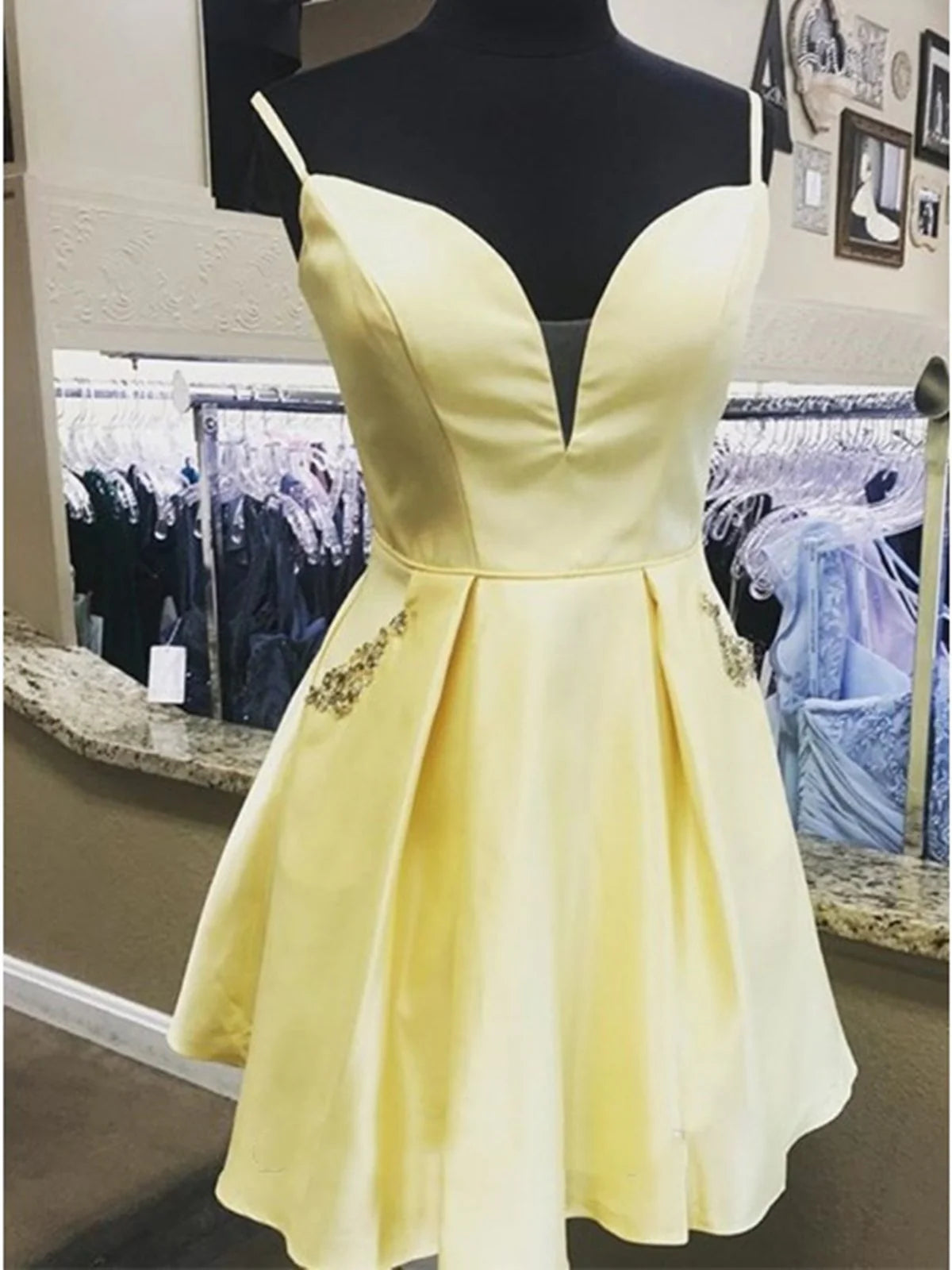 A Line V Neck Short Yellow Burgundy Prom Dresses, Yellow Burgundy Short Graduation Homecoming Dresses simple gentle atmospheric and unique desi Bring summer colors to enhance whiteness