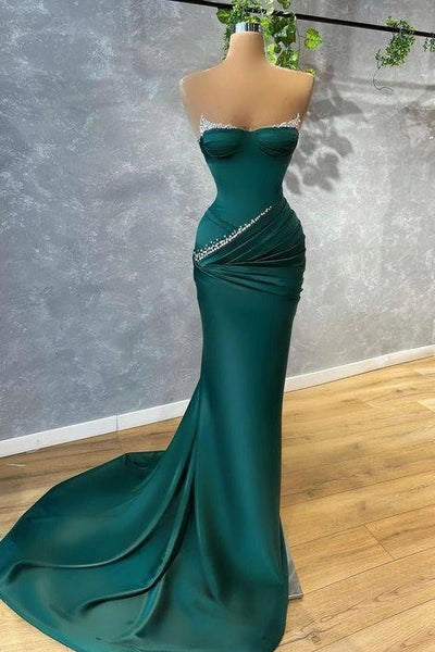 Deluxe Floor-Length Sleeveless Mermaid Satin Prom Gown with Elegant Ruffles Sequins Simple gentle atmospheric and unique design  ﻿
