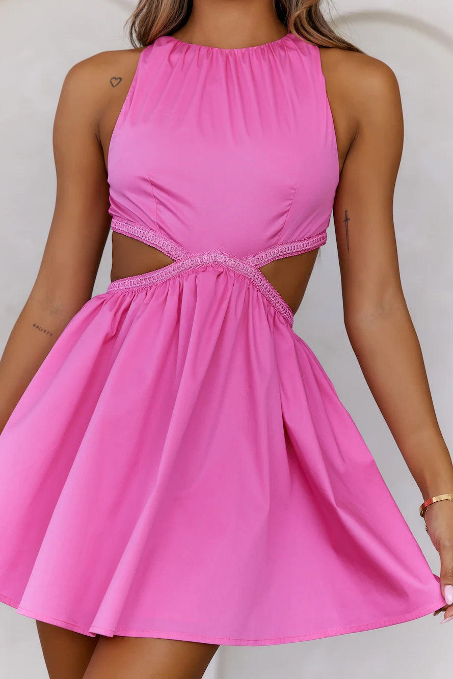 A bright pink sleeveless dress with a high neckline design and crossed hollow elements at the waist, suitable for parties, dates, and other occasions