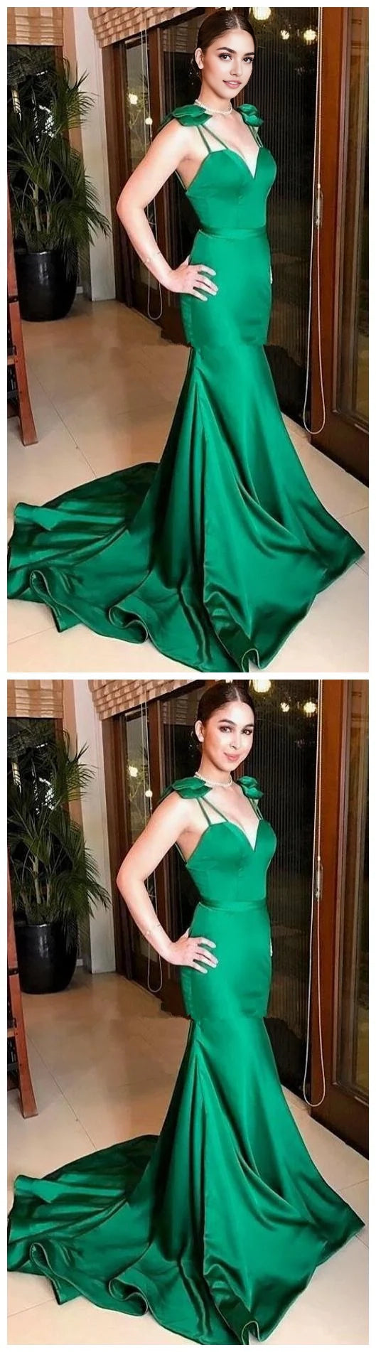A dark green long formal dress with a deep V-neck design suitable for dinners, red carpets, award ceremonies, etc