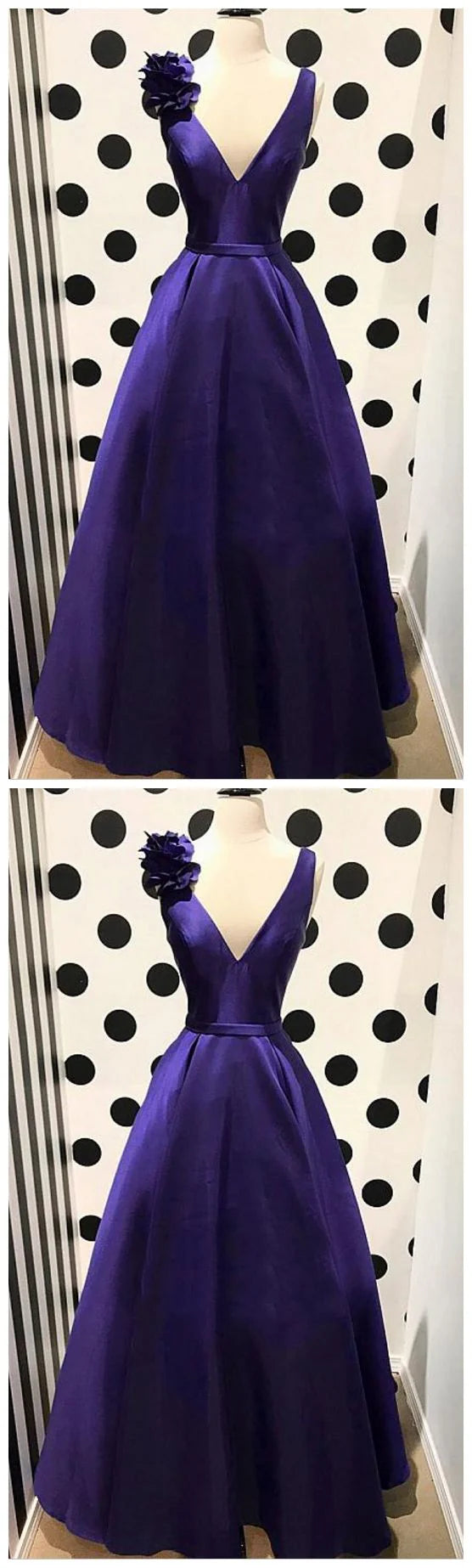 A deep purple satin dress with a deep V-neck, high waist, and large skirt that is suitable for occasions such as dinners and dances