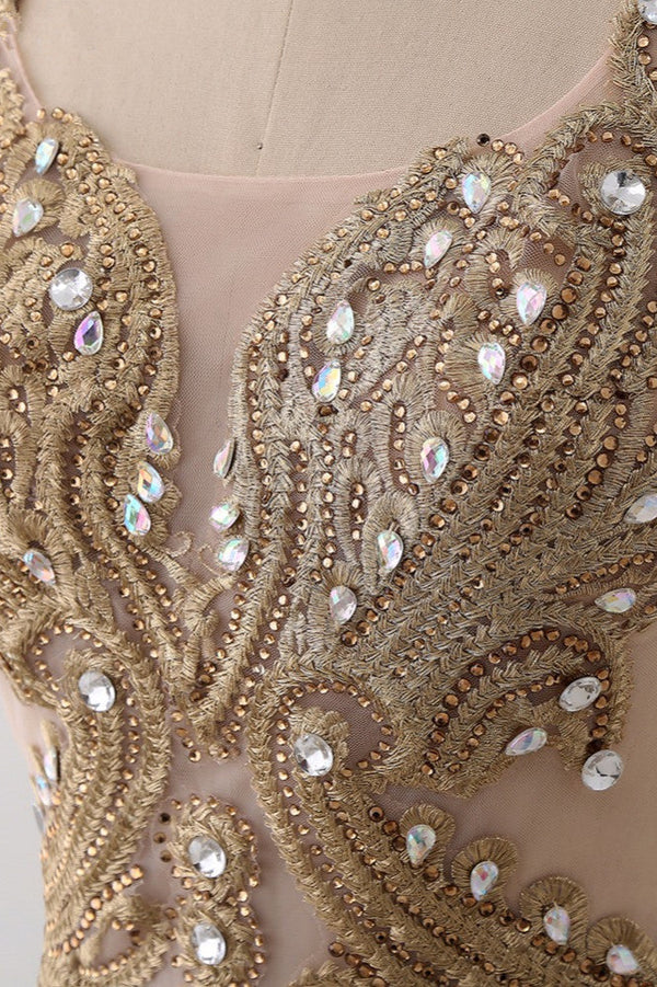 Affordabe V-Neck Sleeveless Mermaid Prom Dresses Gold Appliques with Crystals Simple gentle atmospheric and unique design