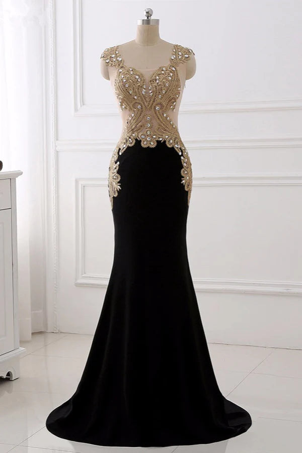 Affordabe V-Neck Sleeveless Mermaid Prom Dresses Gold Appliques with Crystals Simple gentle atmospheric and unique design