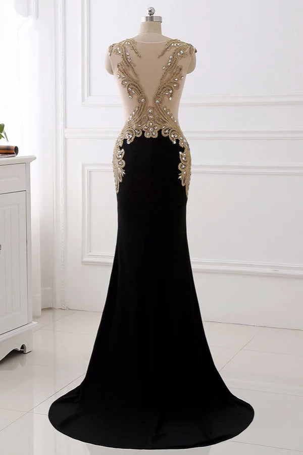Affordabe V-Neck Sleeveless Mermaid Prom Dresses Gold Appliques with Crystals Simple gentle atmospheric and unique design