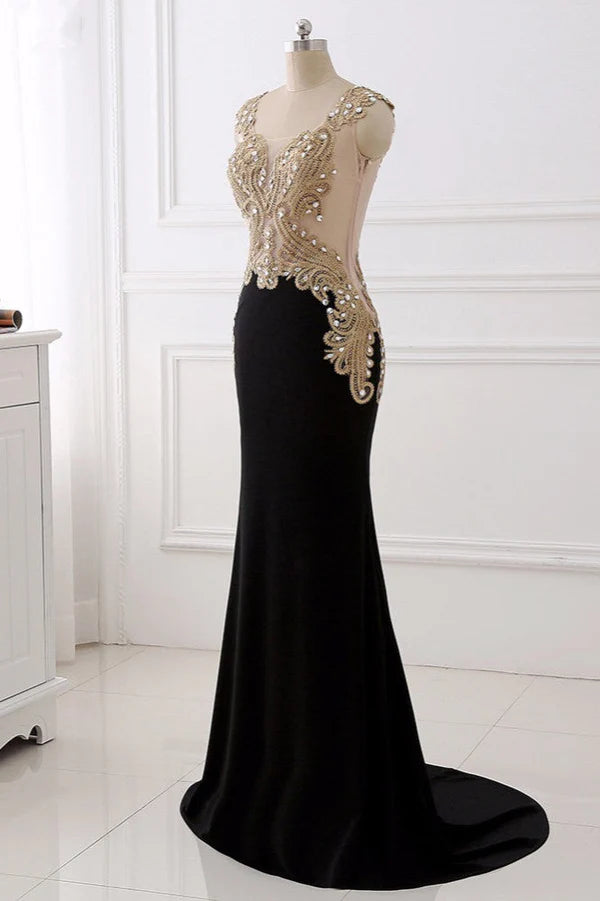 Affordabe V-Neck Sleeveless Mermaid Prom Dresses Gold Appliques with Crystals Simple gentle atmospheric and unique design