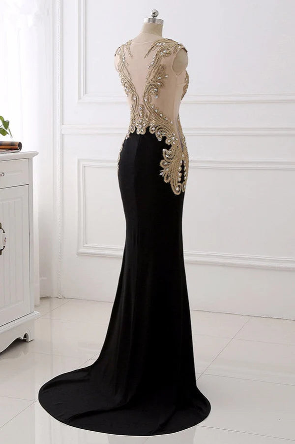 Affordabe V-Neck Sleeveless Mermaid Prom Dresses Gold Appliques with Crystals Simple gentle atmospheric and unique design