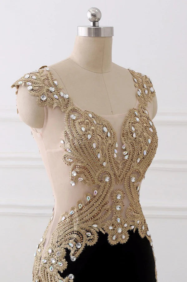 Affordabe V-Neck Sleeveless Mermaid Prom Dresses Gold Appliques with Crystals Simple gentle atmospheric and unique design