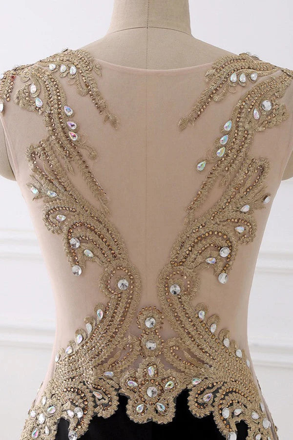 Affordabe V-Neck Sleeveless Mermaid Prom Dresses Gold Appliques with Crystals Simple gentle atmospheric and unique design