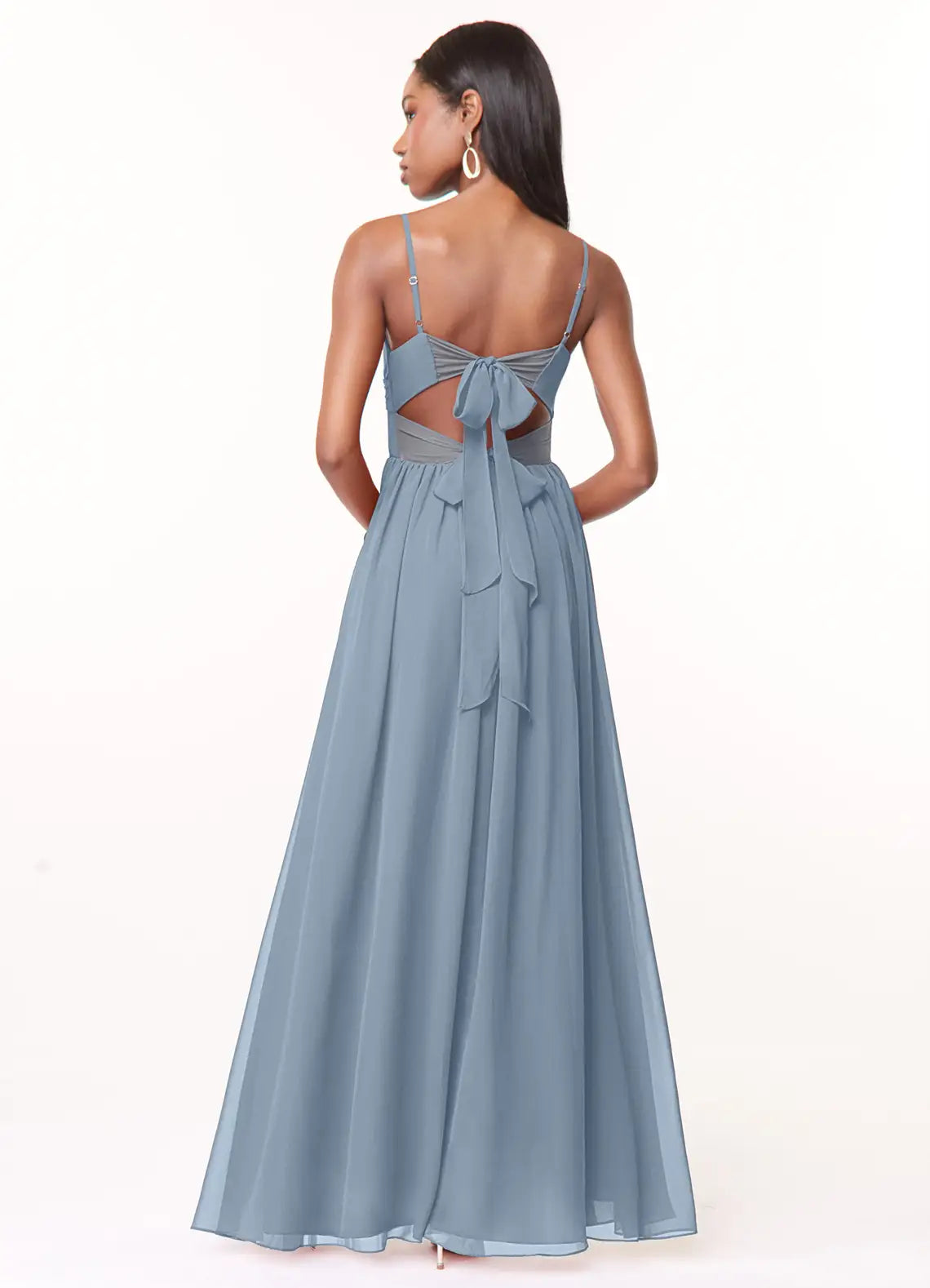 Airy A Line Plunging V Neck Spaghetti Strap Bow Back High Slit Floor Length Female Evening Dress