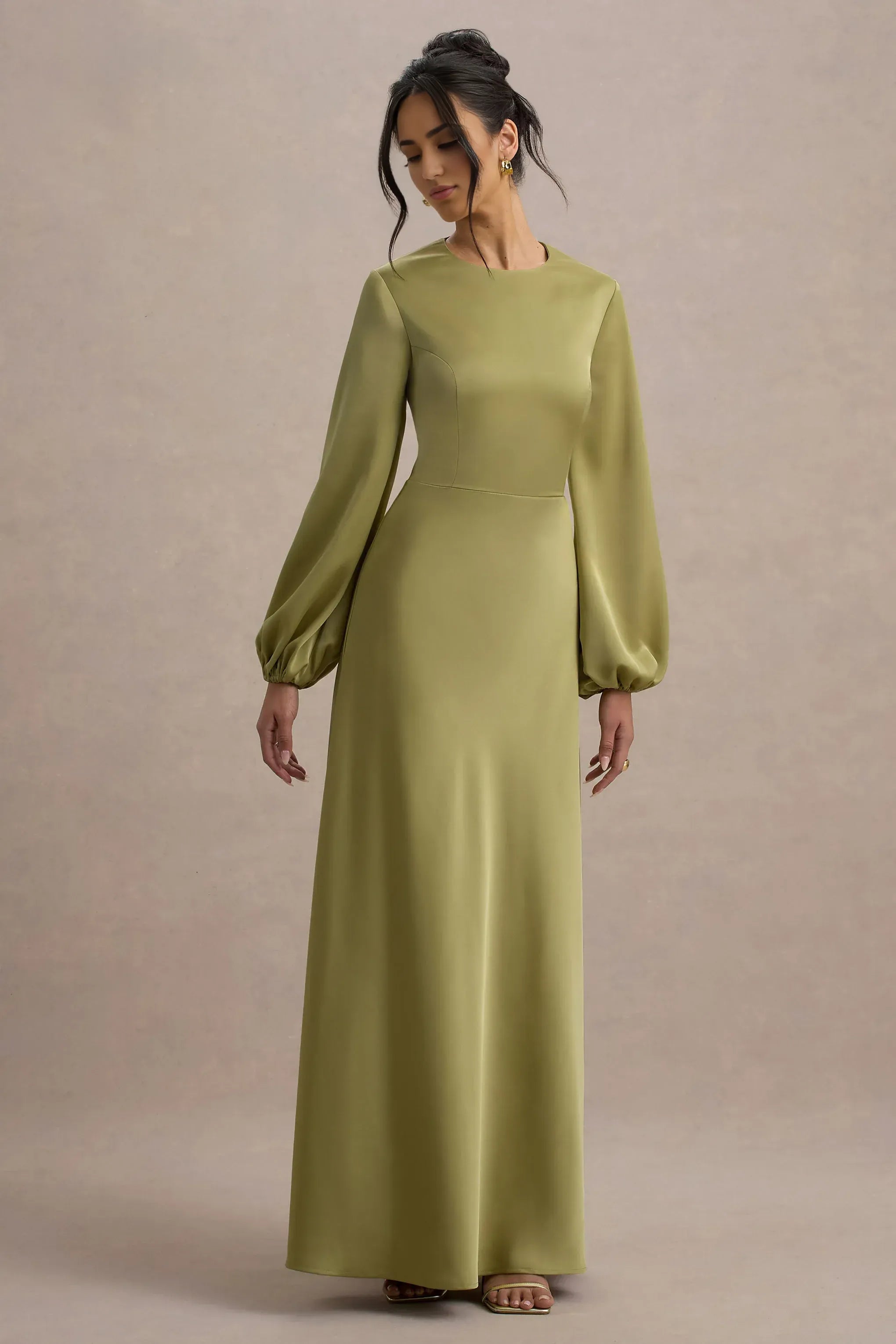 Airy Column Crew Neck Puff Sleeve Keyhole Back Floor Length For Women Evening Dress