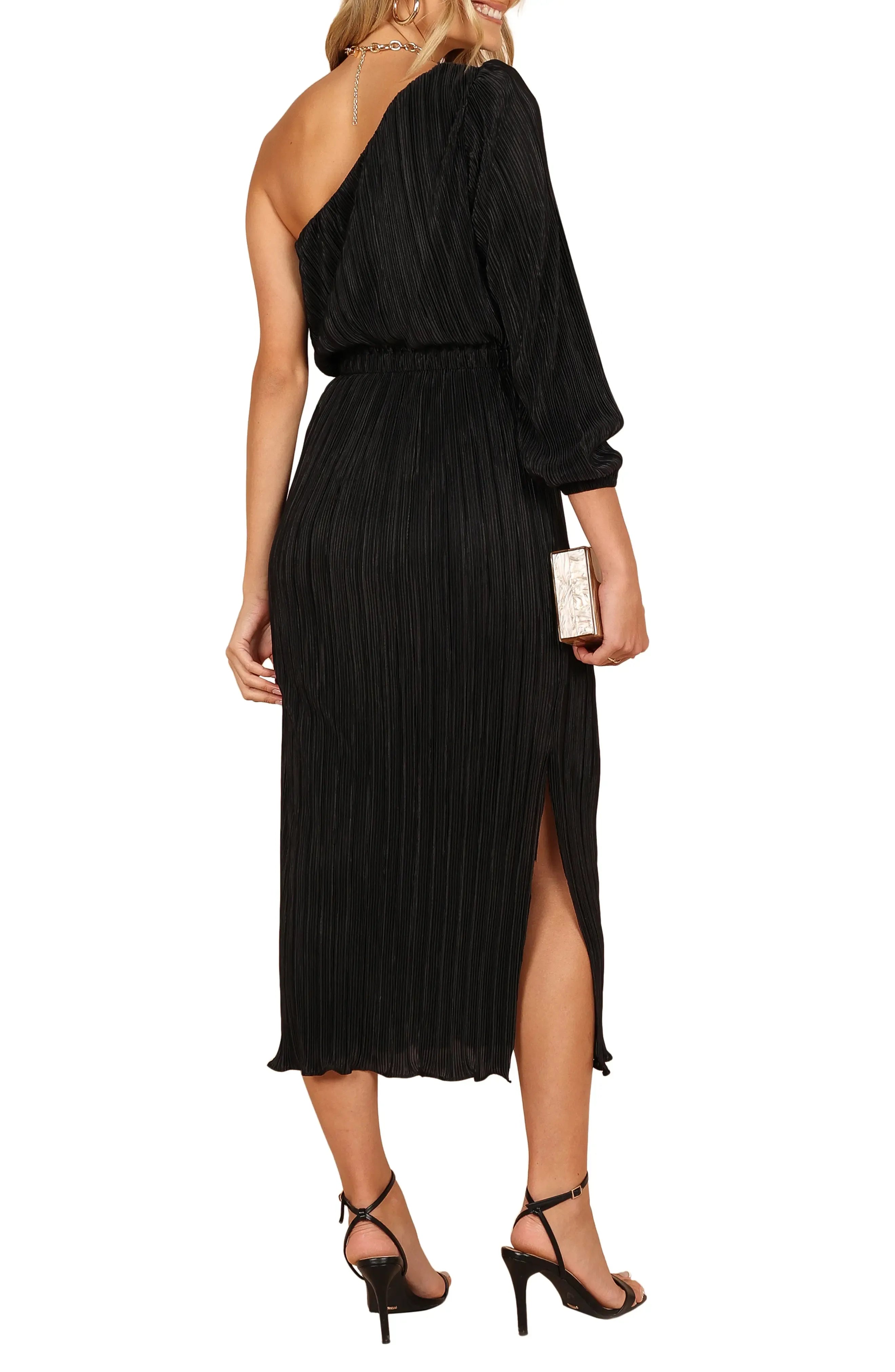 Airy Flowy One Shoulder Three Quarter Sleeve Elastic Back Midi Length For Ladies Evening Dress