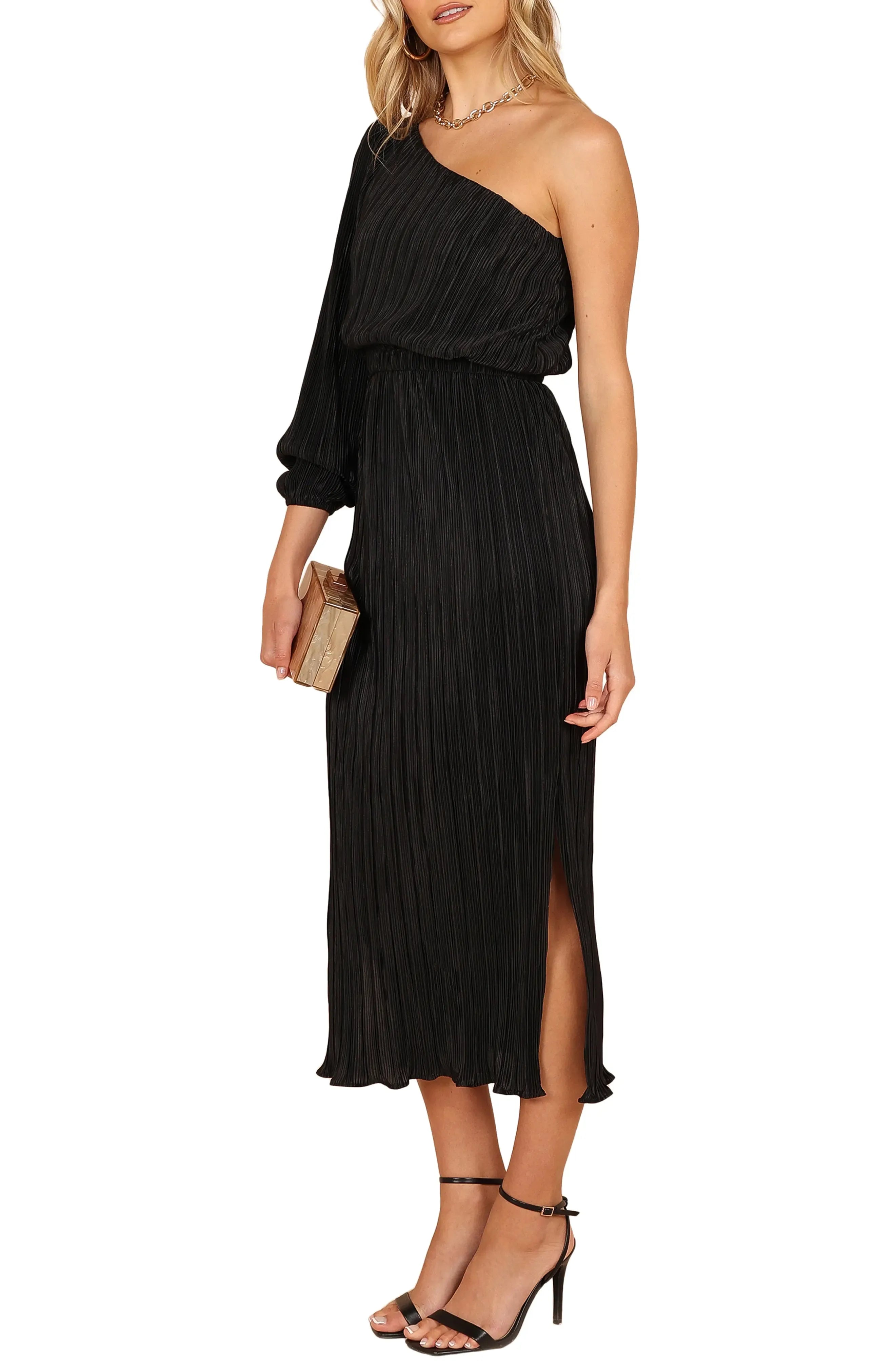 Airy Flowy One Shoulder Three Quarter Sleeve Elastic Back Midi Length For Ladies Evening Dress
