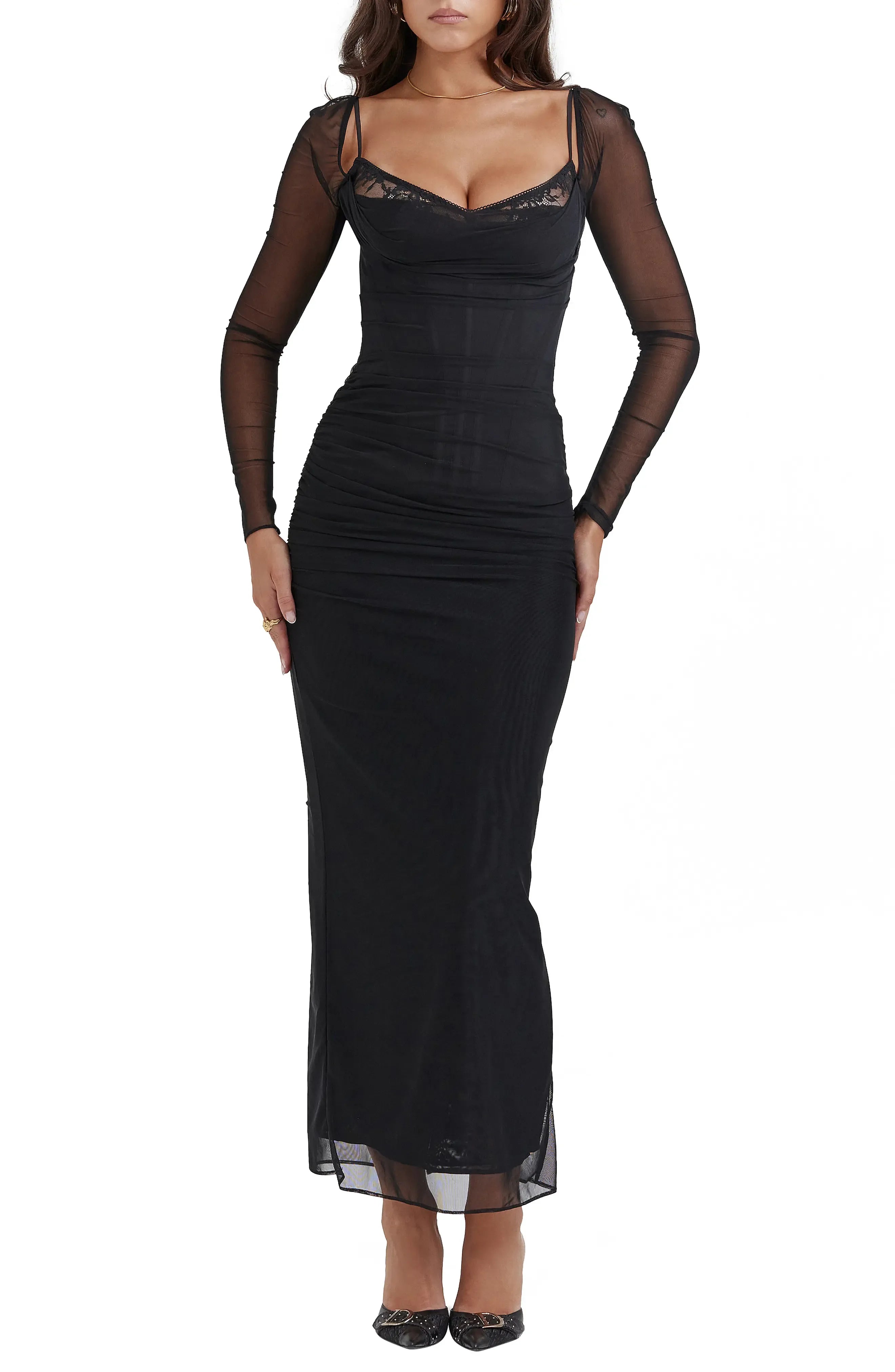 Alluring Ruched Sheath Sweetheart Mesh Long Sleeve Open Back Midi Length Female Prom Dress