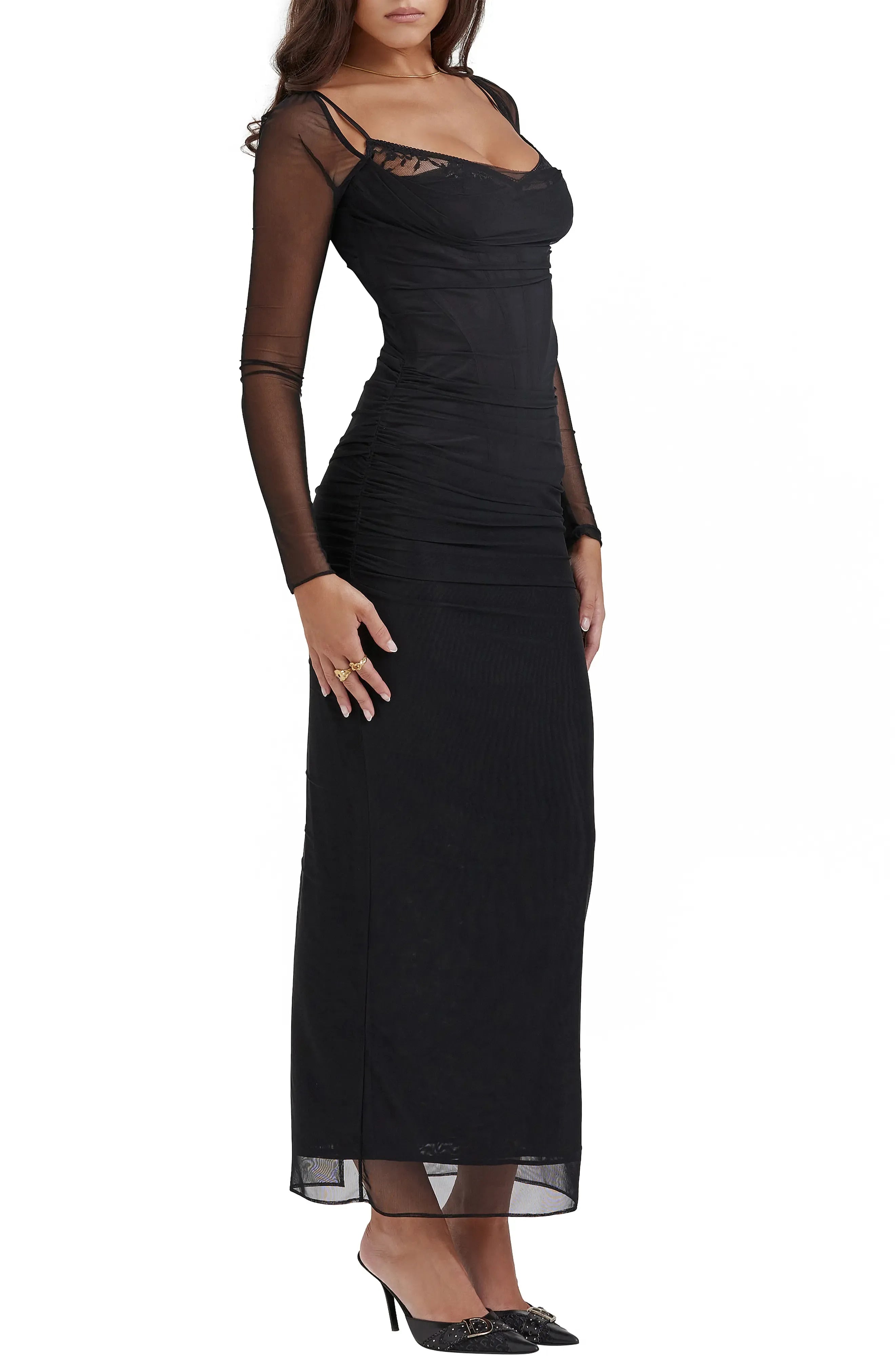 Alluring Ruched Sheath Sweetheart Mesh Long Sleeve Open Back Midi Length Female Prom Dress