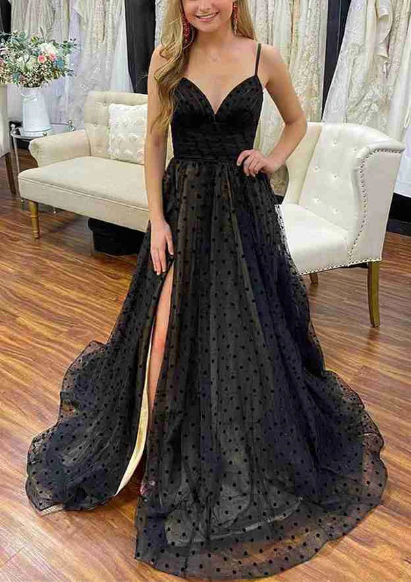 Amazing A-Line V-Neck Prom Dress/Evening Dress with Spaghetti Straps and Tulle Split Skirt Simple gentle atmospheric and unique design  ﻿