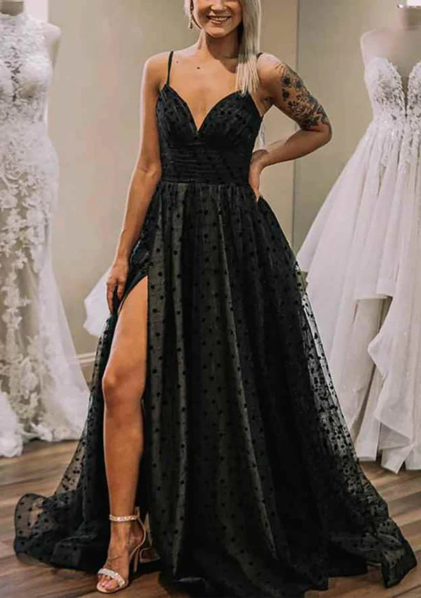 Amazing A-Line V-Neck Prom Dress/Evening Dress with Spaghetti Straps and Tulle Split Skirt Simple gentle atmospheric and unique design  ﻿