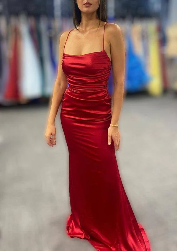 Amazing Charmeuse Prom Dress/Evening Dress with Spaghetti Straps & Pleated Sheath/Column Bateau Skirt Simple gentle atmospheric and unique design