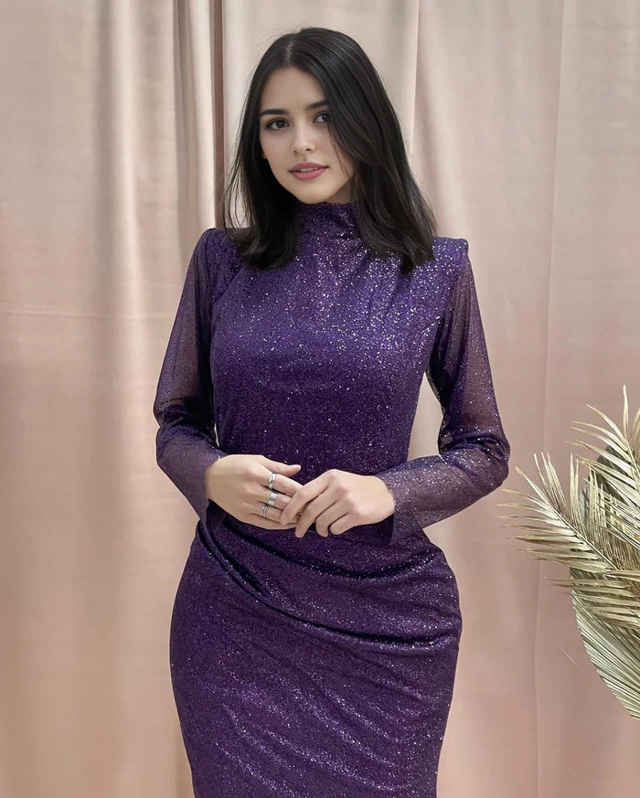 Amazing Column High Neck Long Sleeve Sequined Satin Prom GownSimple gentle atmospheric and unique design