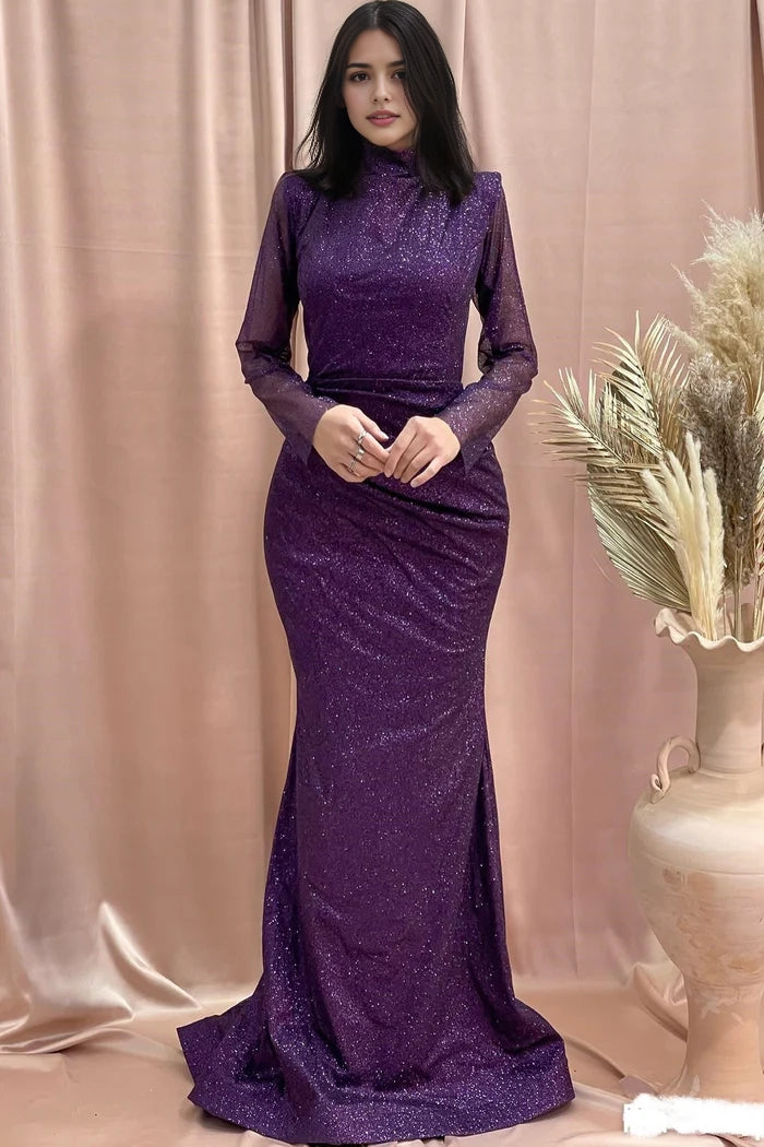 Amazing Column High Neck Long Sleeve Sequined Satin Prom GownSimple gentle atmospheric and unique design