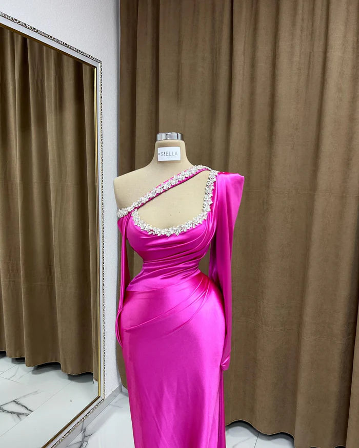 Amazing Column Scoop Neck Long Sleeve Rhinestone Satin Prom Dress Simple gentle atmospheric and unique design