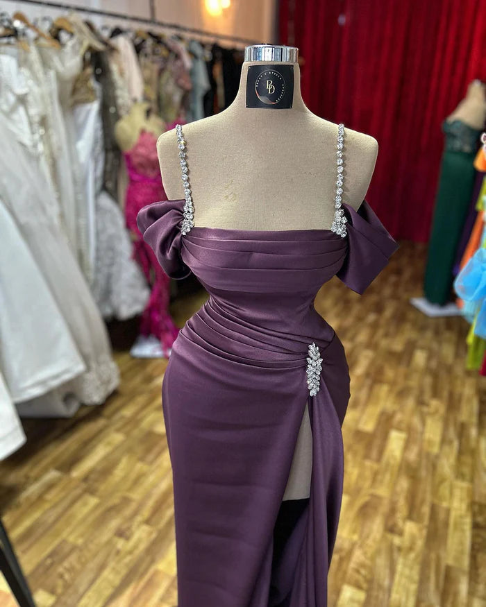 Amazing Column Spaghetti Straps Sleeveless Rhinestone Satin High Slit Prom Dress Simple gentle atmospheric and unique design