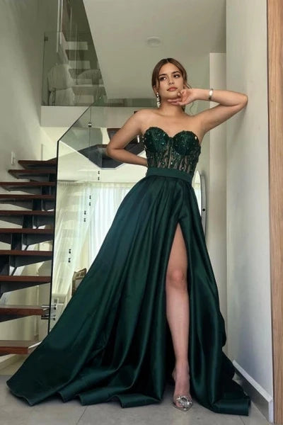 Amazing Long Dark Green A-line Strapless Lace Prom Dress with Side Slit Simple gentle atmospheric and unique designAmazing Long Dark Green A-line Strapless Lace Prom Dress with Side Slit Simple gentle atmospheric and unique design