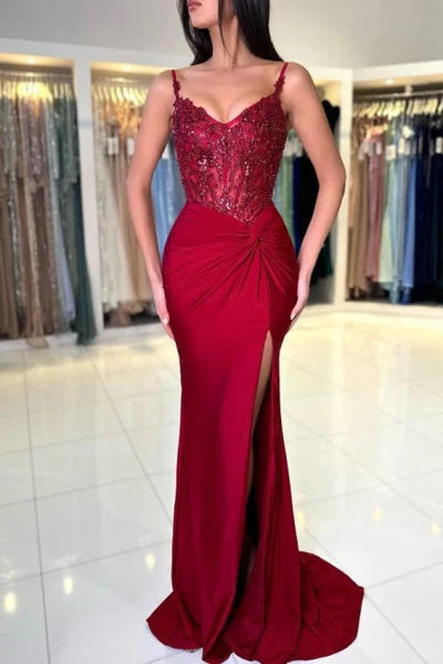 Amazing Long Mermaid Burgundy Spaghetti Straps Lace Prom Gown with Slit Simple gentle atmospheric and unique design