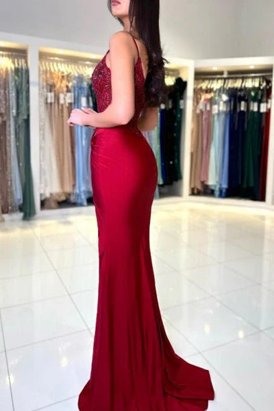 Amazing Long Mermaid Burgundy Spaghetti Straps Lace Prom Gown with Slit Simple gentle atmospheric and unique design