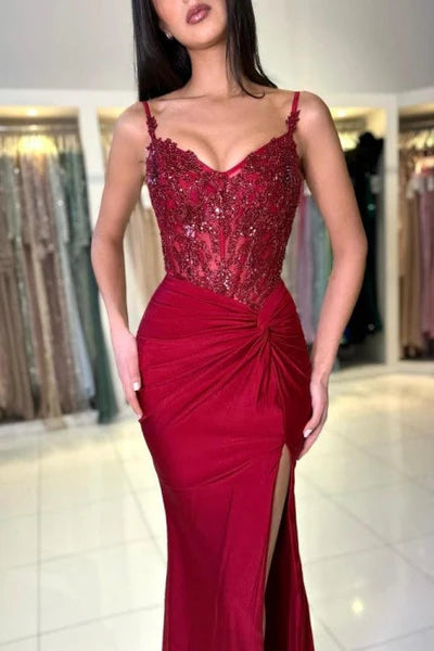 Amazing Long Mermaid Burgundy Spaghetti Straps Lace Prom Gown with Slit Simple gentle atmospheric and unique design