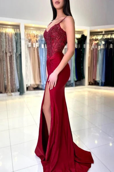 Amazing Long Mermaid Burgundy Spaghetti Straps Lace Prom Gown with Slit Simple gentle atmospheric and unique design