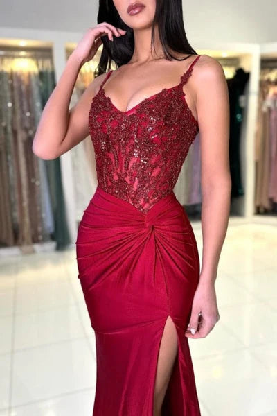 Amazing Long Mermaid Burgundy Spaghetti Straps Lace Prom Gown with Slit Simple gentle atmospheric and unique design