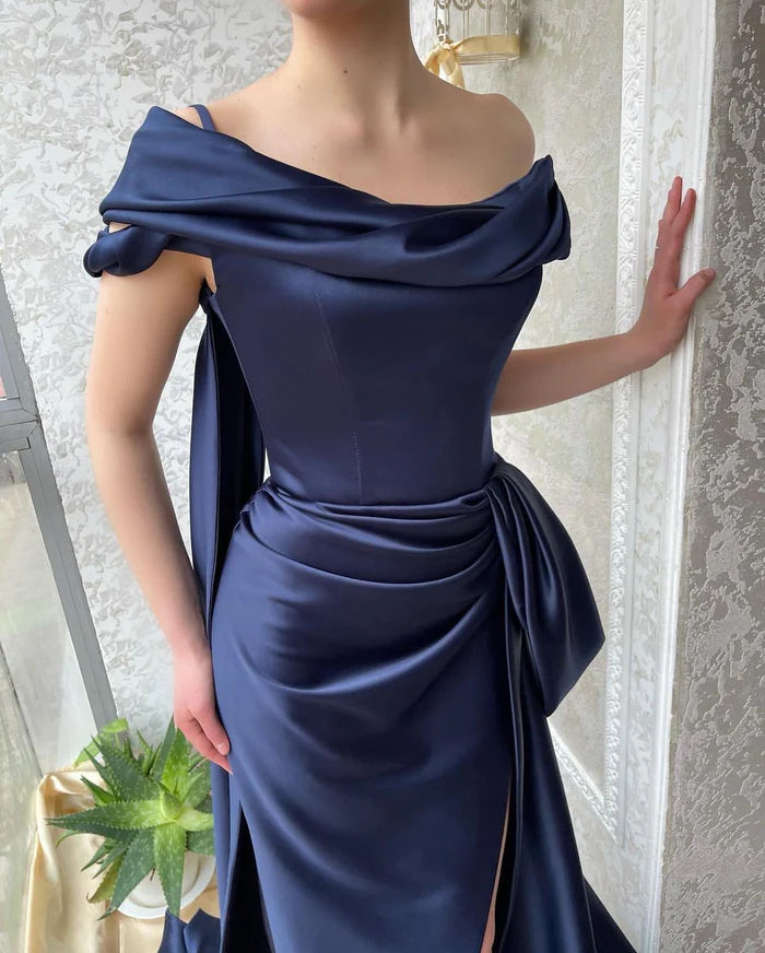 Amazing Navy Off-Shoulder Mermaid Prom Dress with a Slit Simple gentle atmospheric and unique design  ﻿